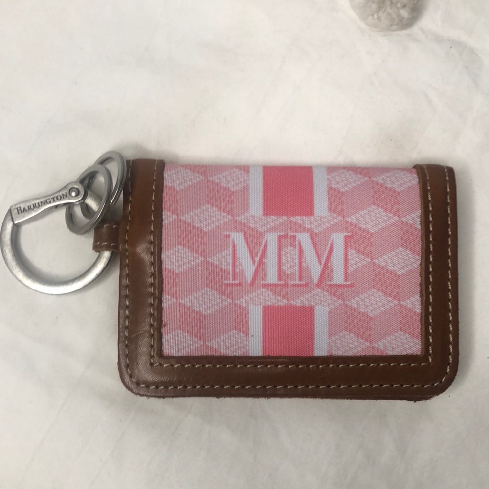 BARRINGTON small pink and brown leather and nylon mini wallet.”MM” is on front.